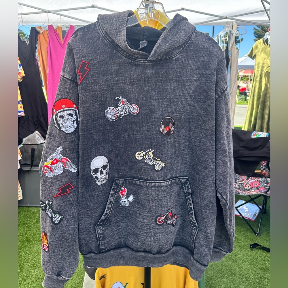 Biker unisex Hoodie 100 % cotton casual patches long sleeve warm coastal